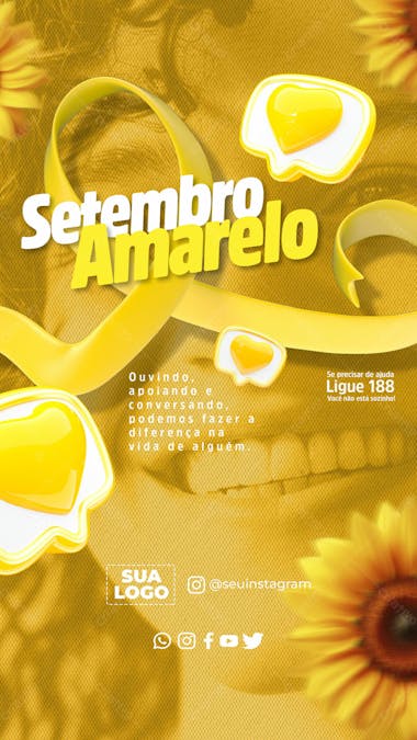 Setembro amarelo mês prevenção redes sociais psd editável stories