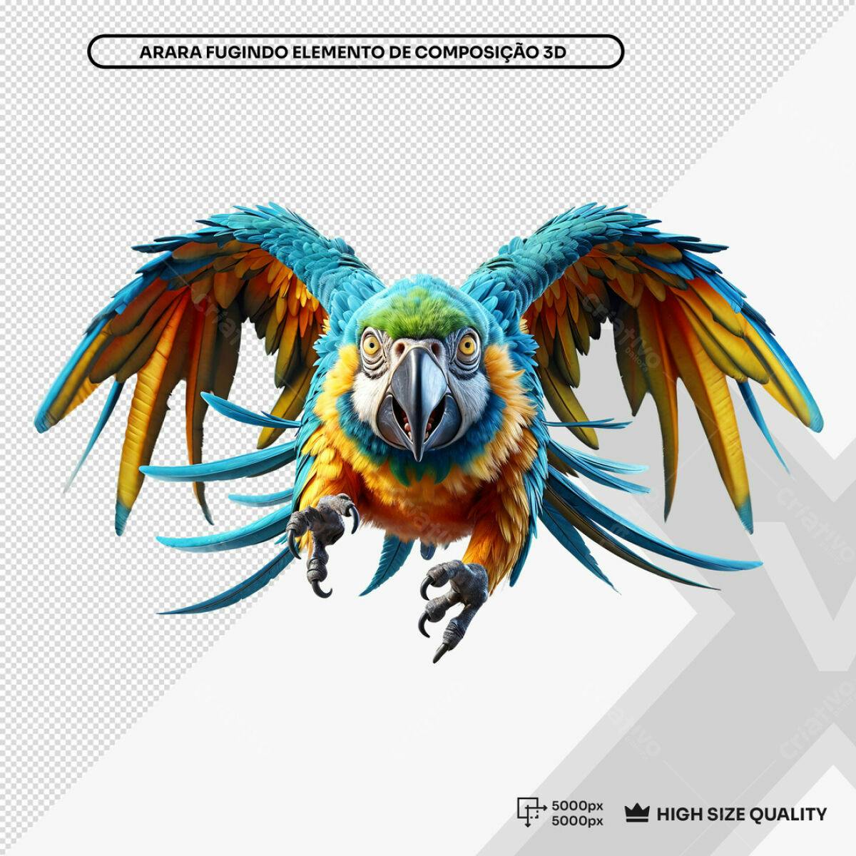 Elemento 3D Arara Azul e Amarela PSD Editável