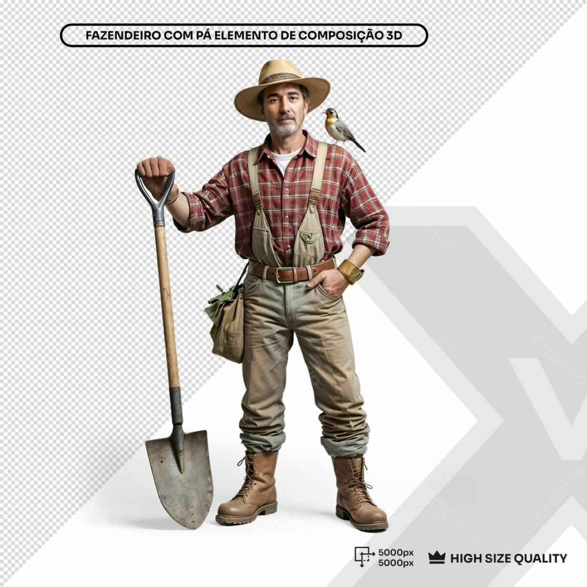 Elemento de Composição 3D Fazendeiro com Pá PSD Editável