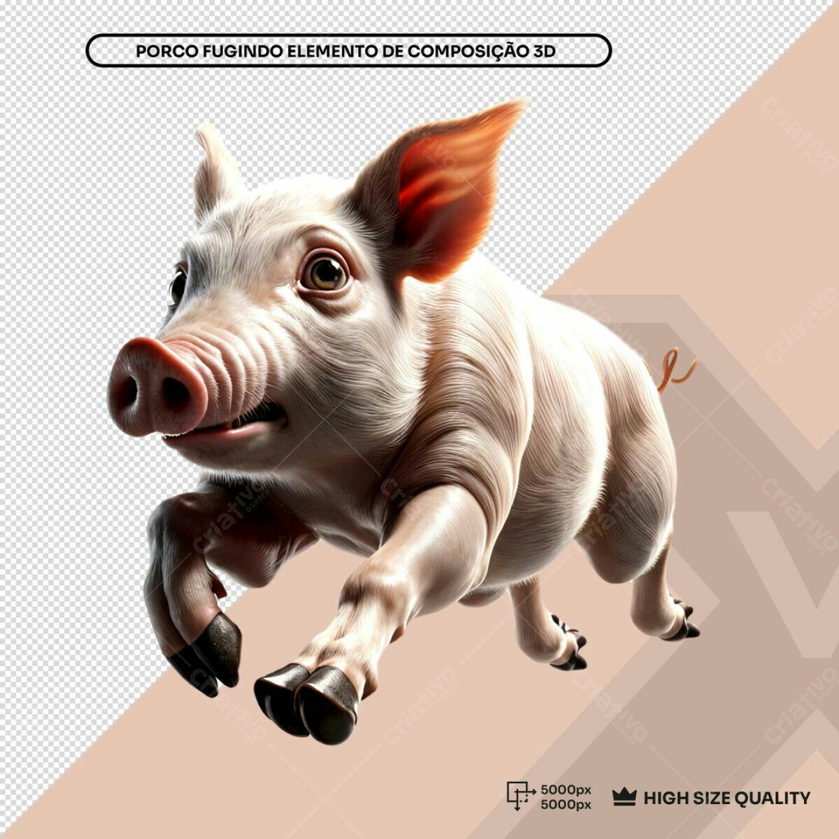 Elemento 3D Porco Fugindo PSD Editável