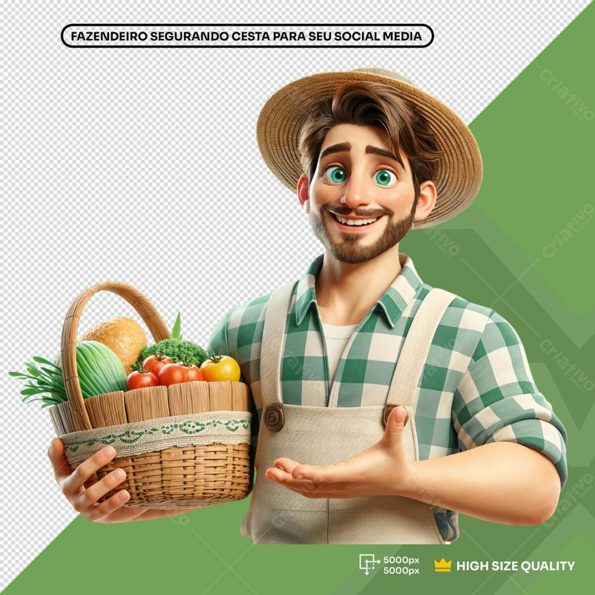 PSD Personagem Fazendeiro com Cesta de Verduras para Mídias Sociais