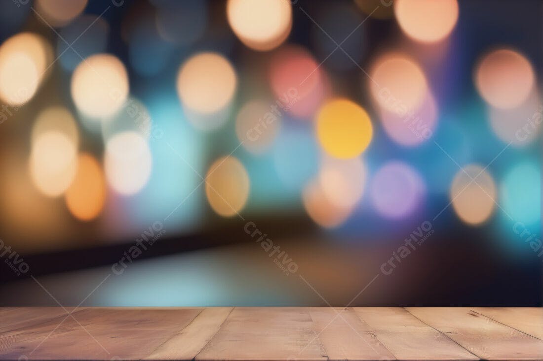 Mesa de madeira com fundo desfocado de luzes coloridas