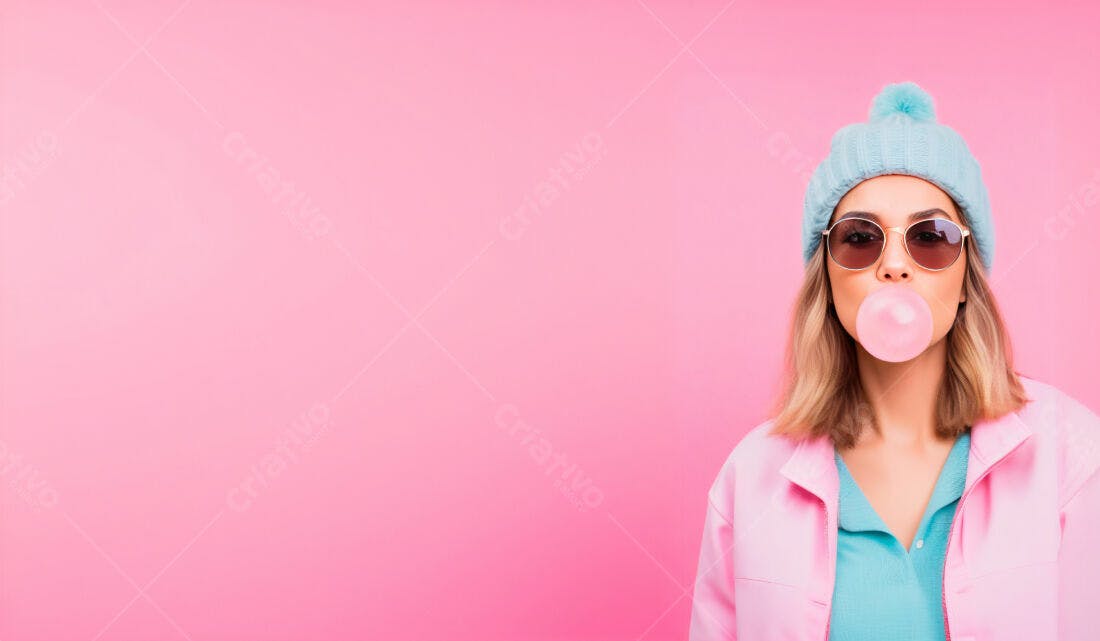 Moça com chiclete rosa fundo rosa