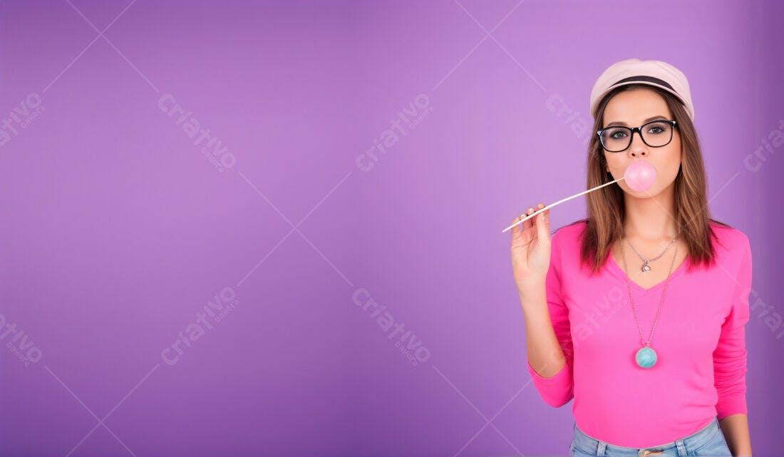 Moça com balão de chiclete rosa fundo roxo