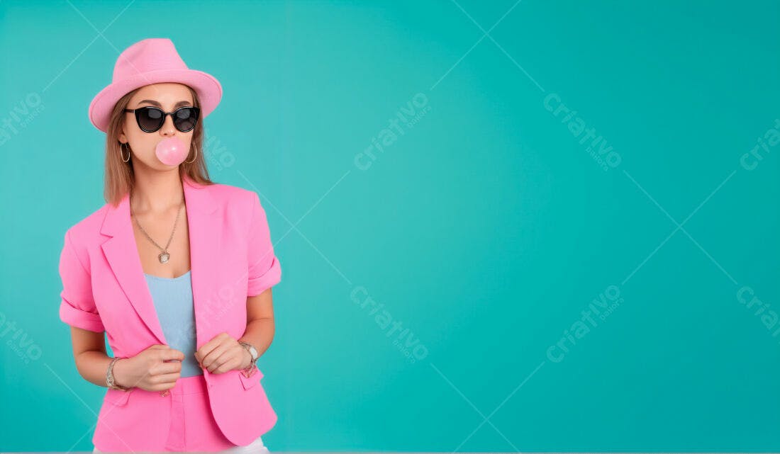 Mulher com chapéu rosa mastigando chiclete