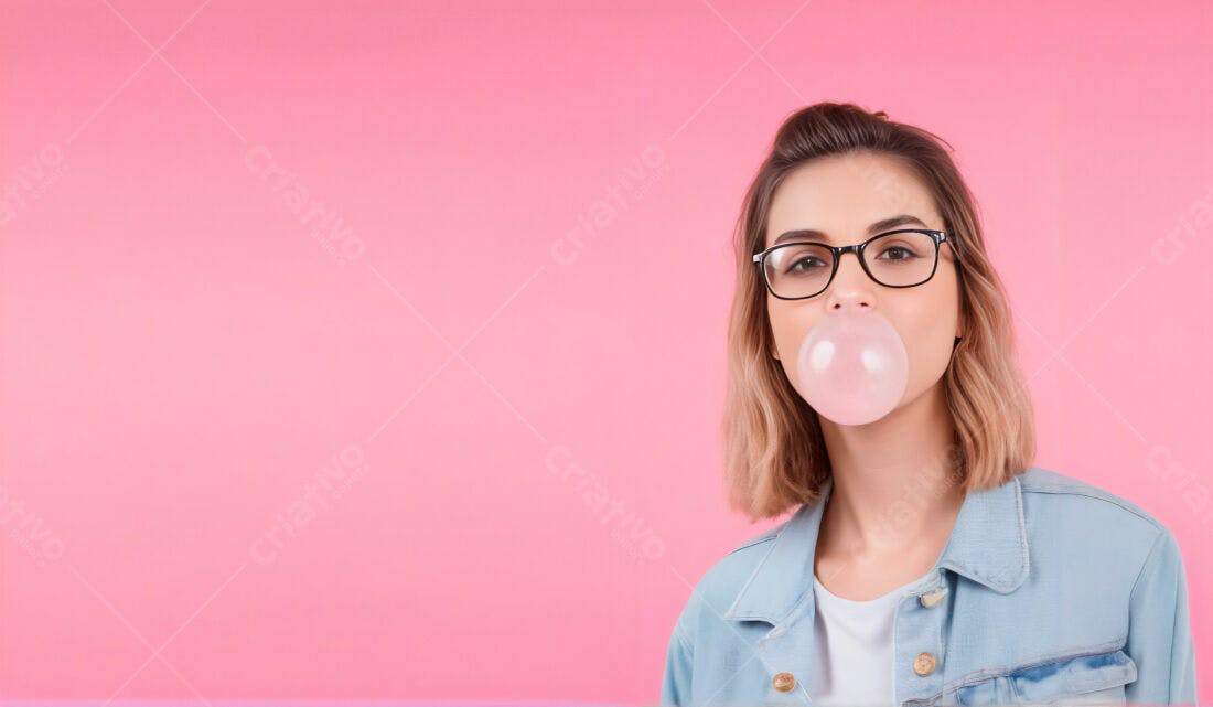 Moça com óculos soprando chiclete rosa