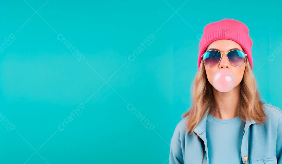 Moça com balão de chiclete rosa fundo azul
