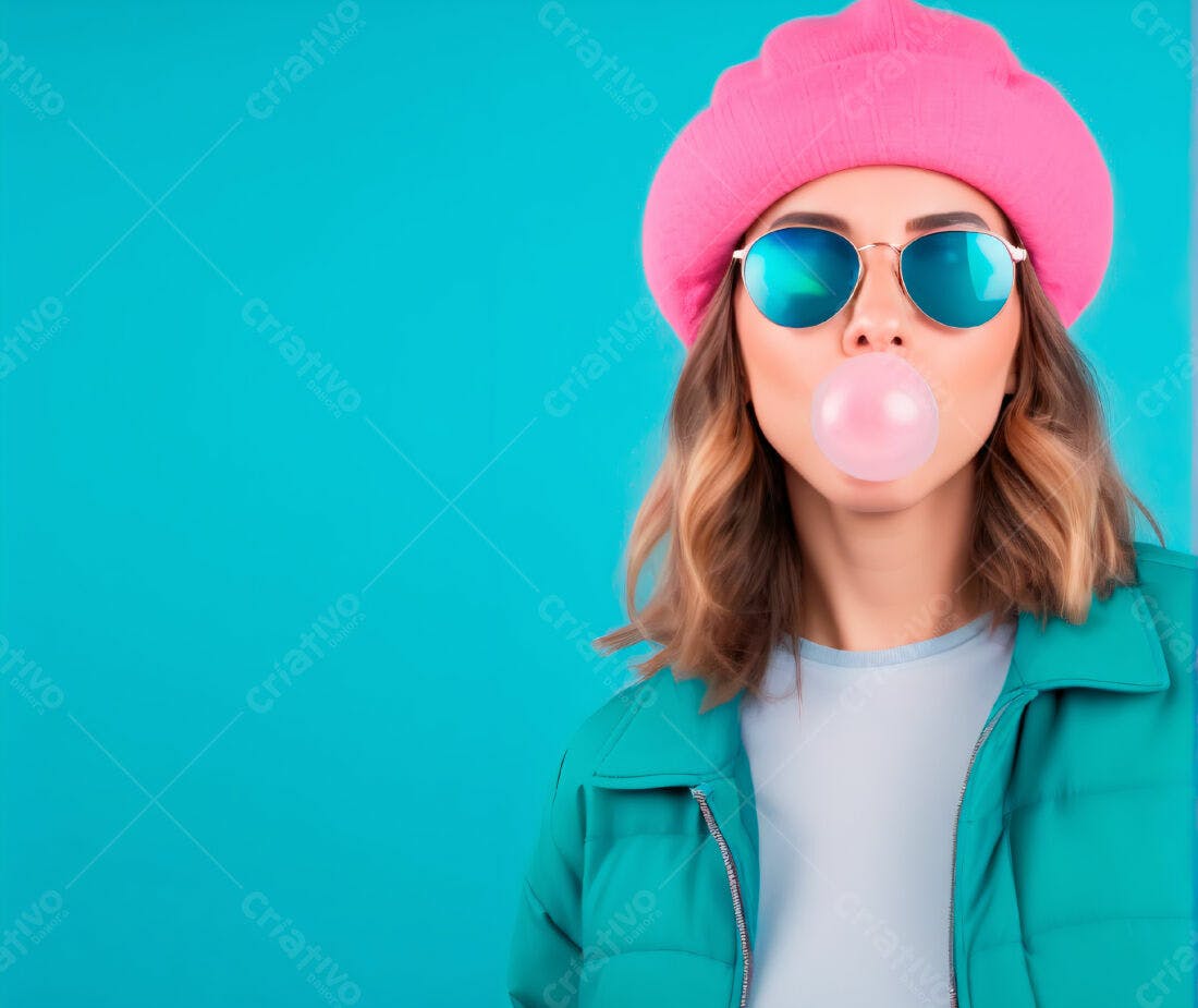 Moça com bolha de chiclete rosa e óculos azuis