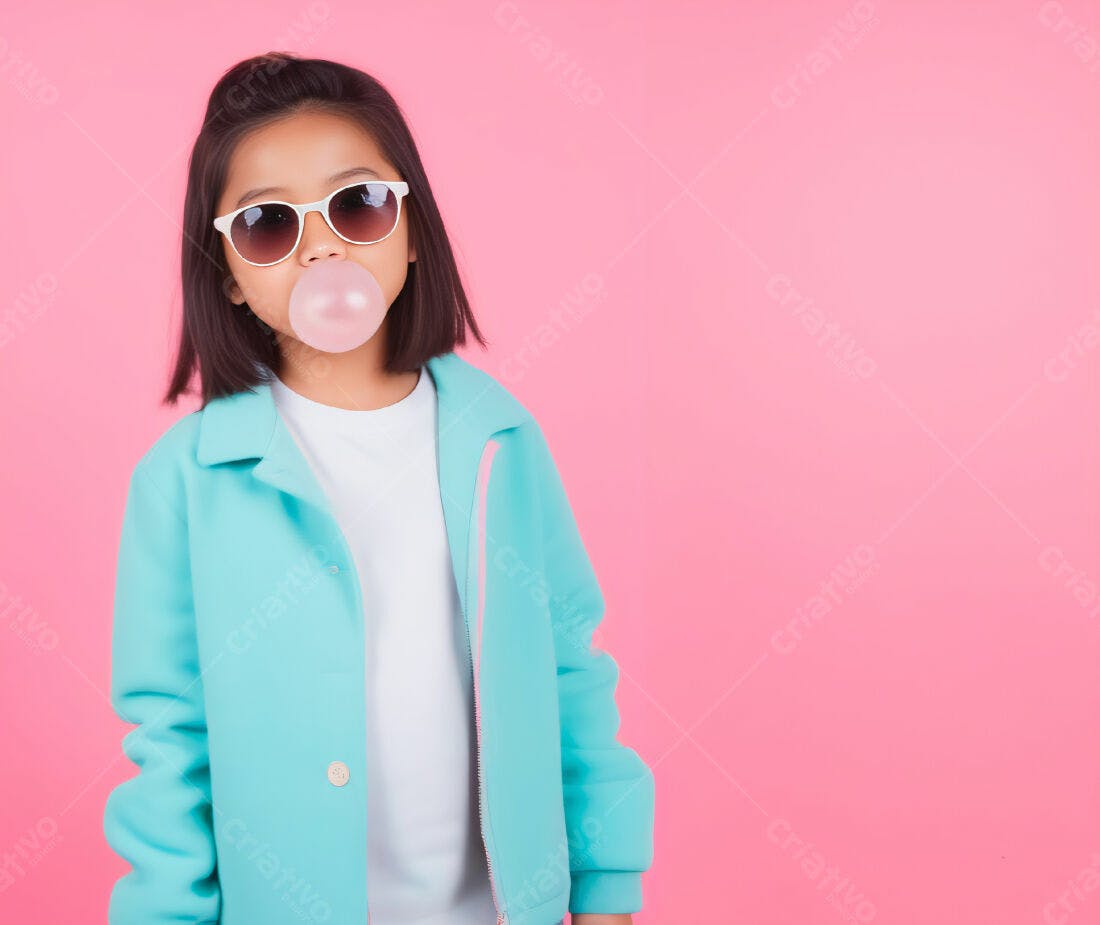Menina com chiclete e óculos de sol rosa e azul