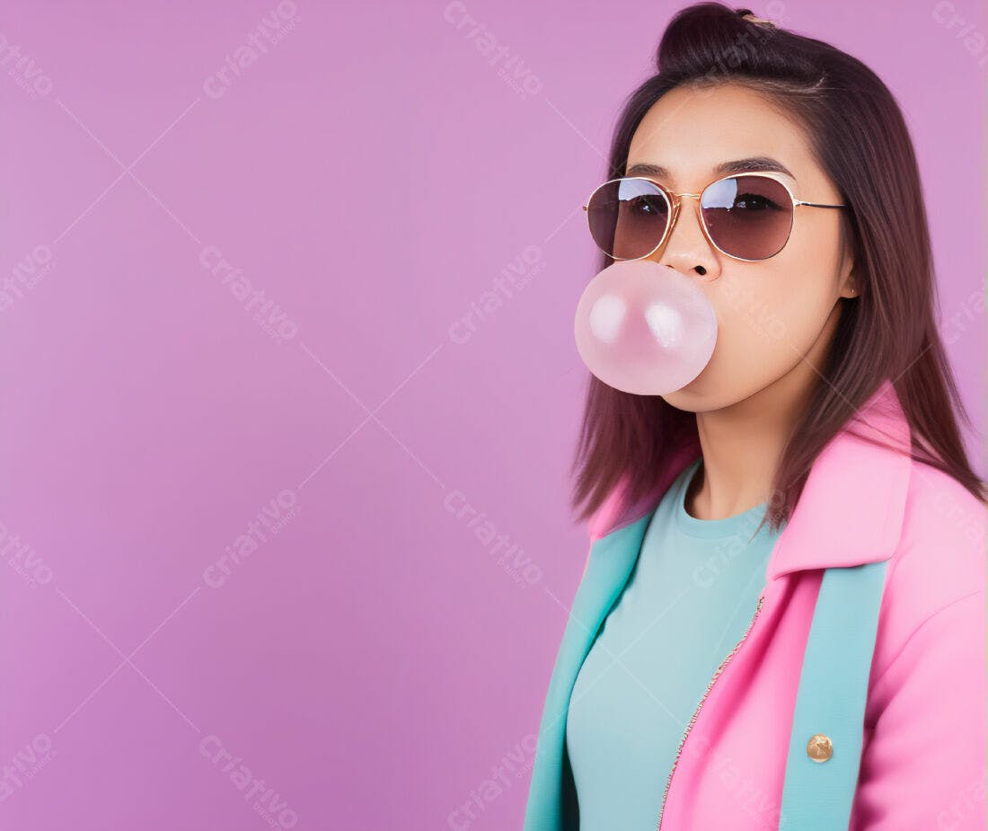 Mulher com chiclete e óculos de sol rosa
