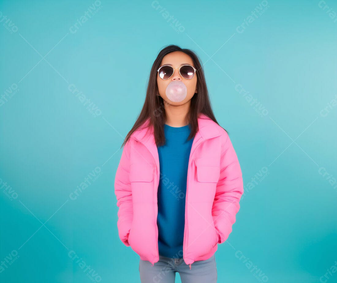 Menina com bolha de chiclete rosa e óculos escuros