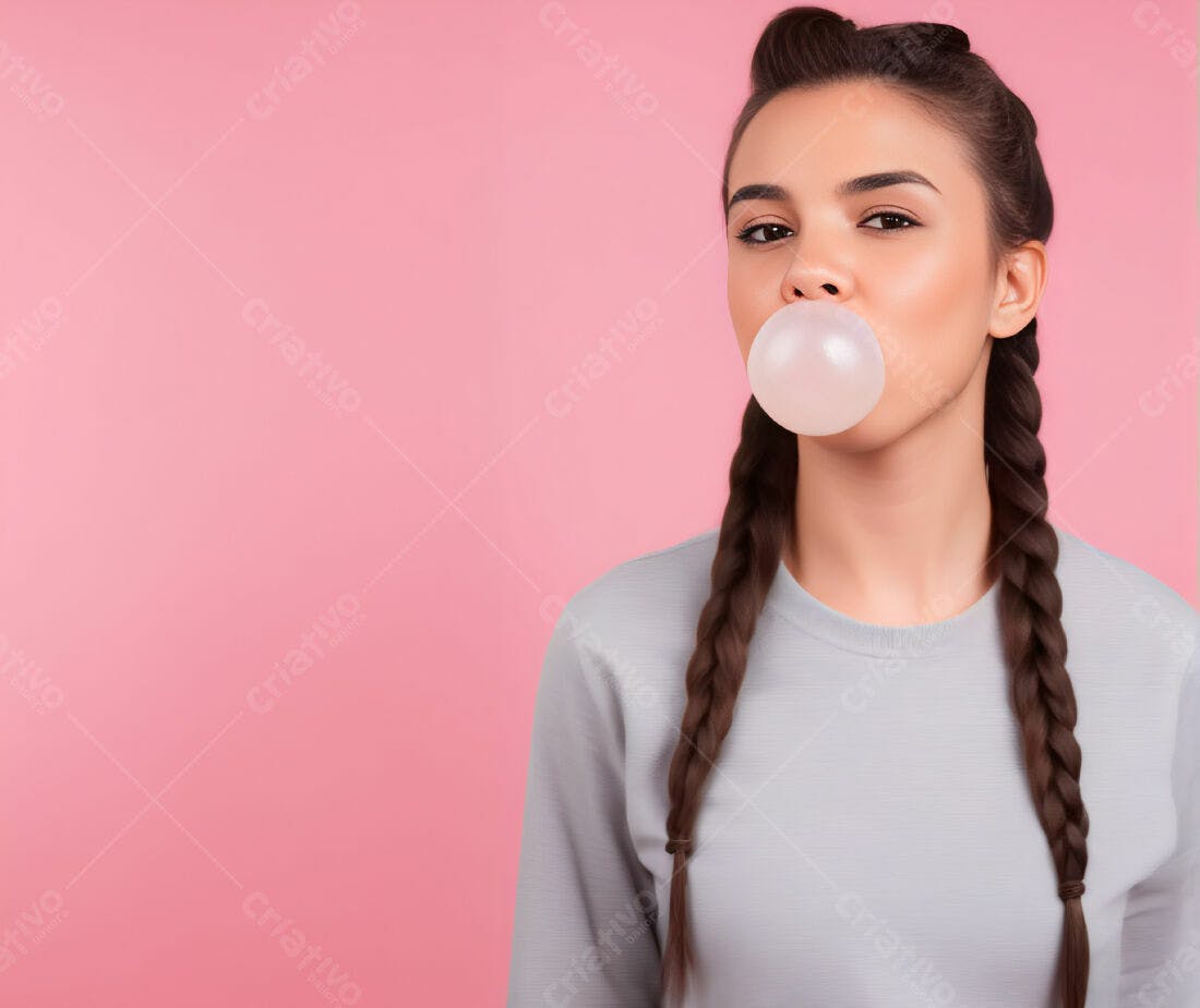 Moça com chiclete rosa e tranças