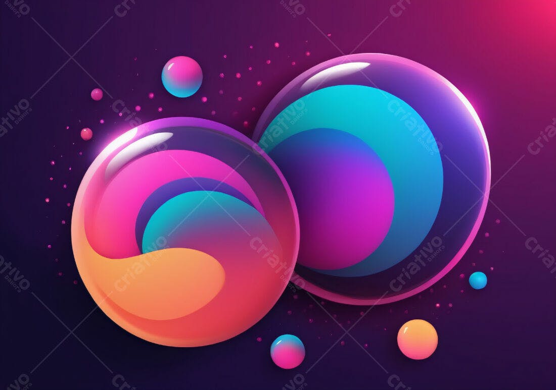 Esferas abstratas vibrantes em fundo roxo