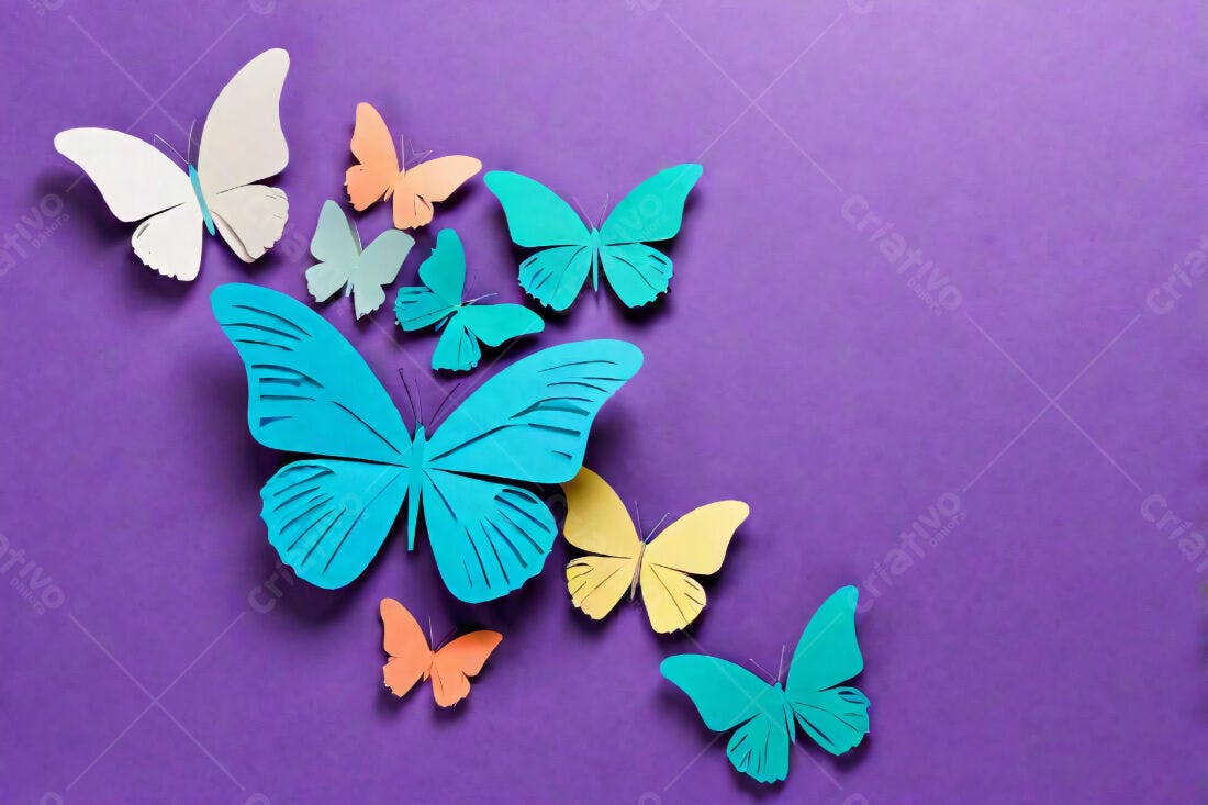 Borboletas de papel coloridas fundo roxo