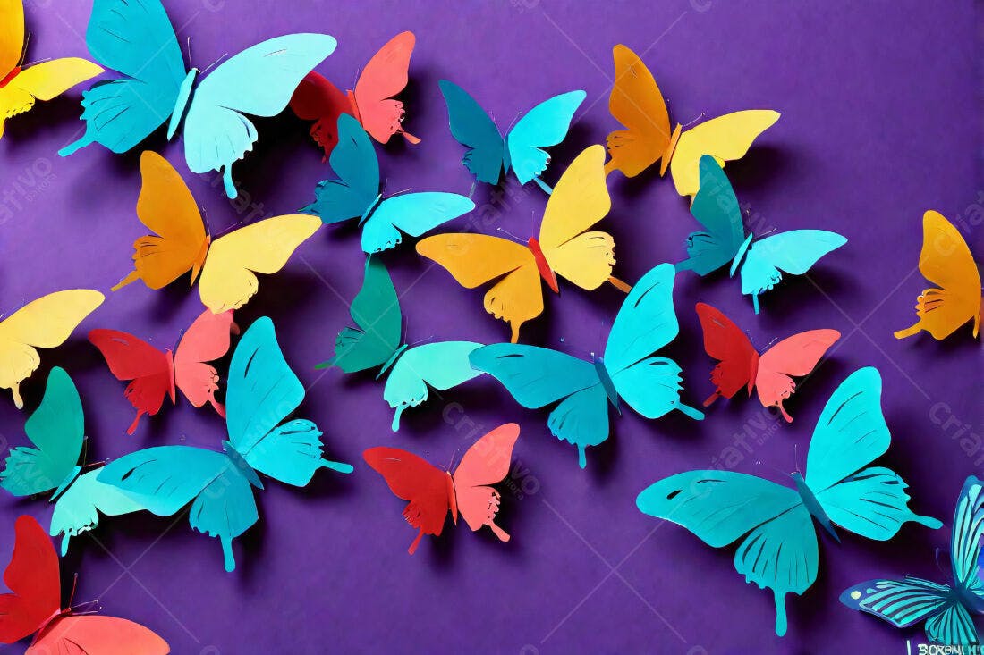 Borboletas coloridas em papel sobre fundo roxo