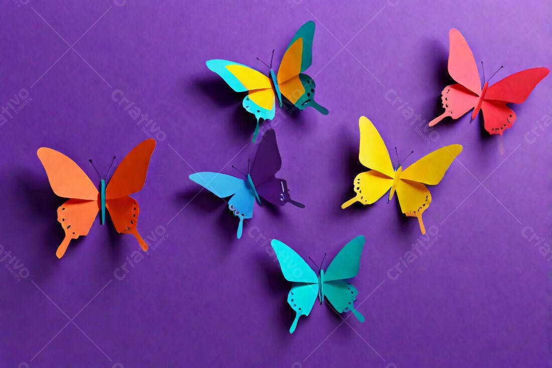 Borboletas de papel coloridas fundo roxo