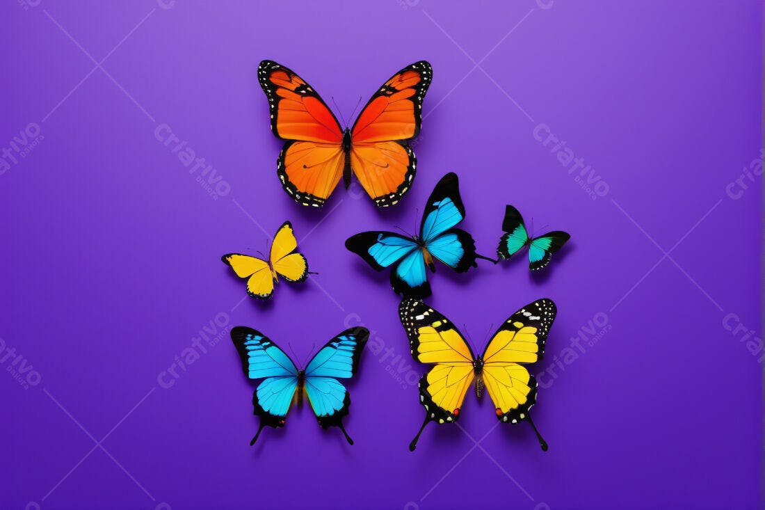 Borboletas coloridas sobre fundo roxo