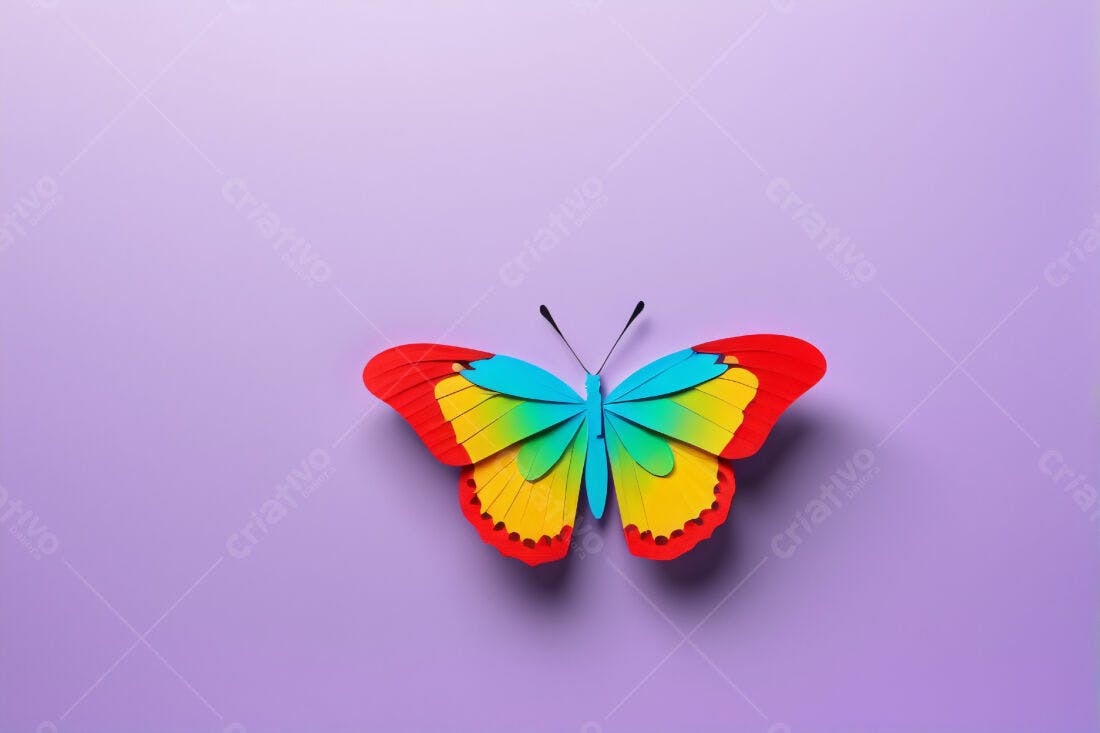 Borboleta colorida em papel sobre fundo lilás