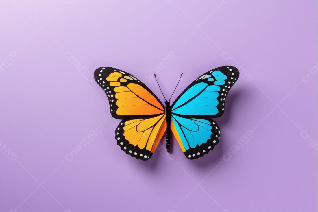 Borboleta bicolor laranja e azul fundo lilás