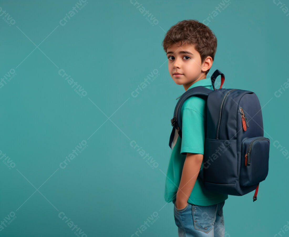 Menino com mochila azul turquesa fundo