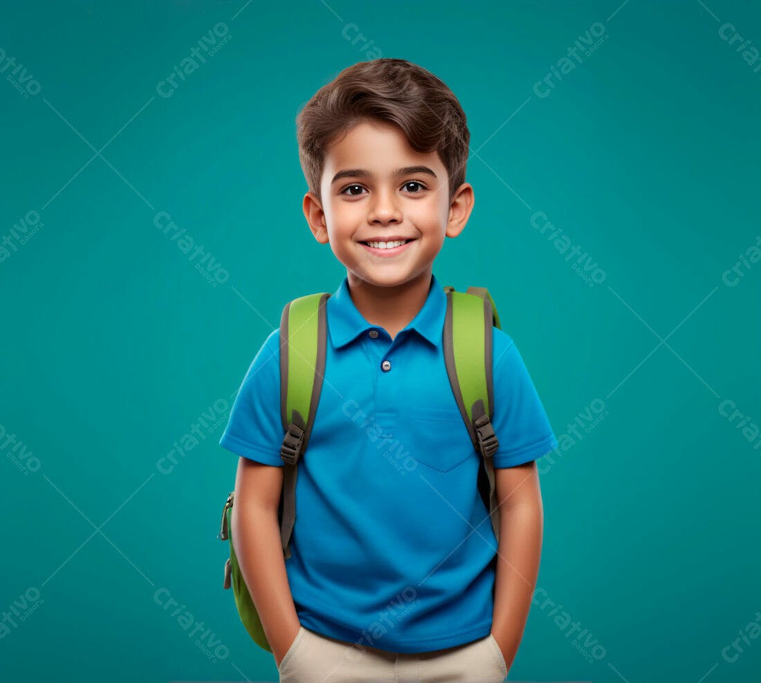 Menino sorridente com mochila verde fundo azul