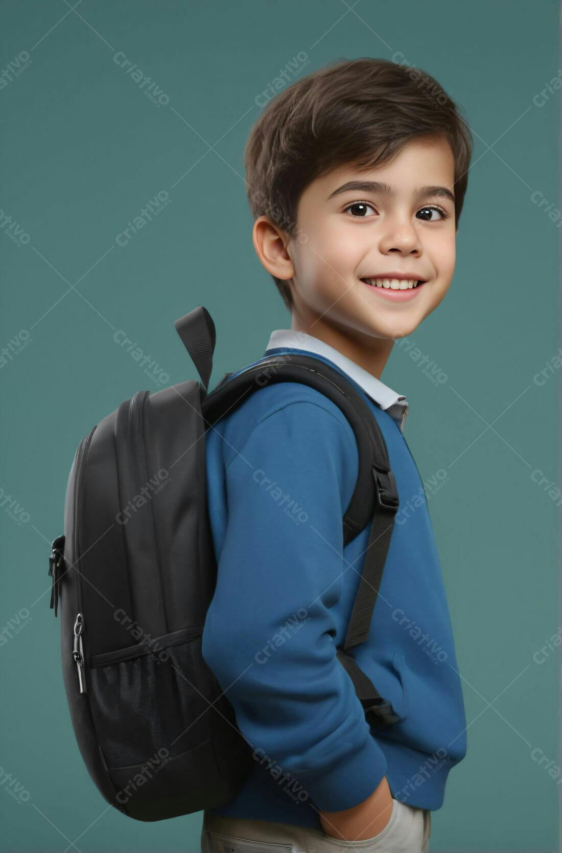 Menino feliz com mochila azul e fundo verde