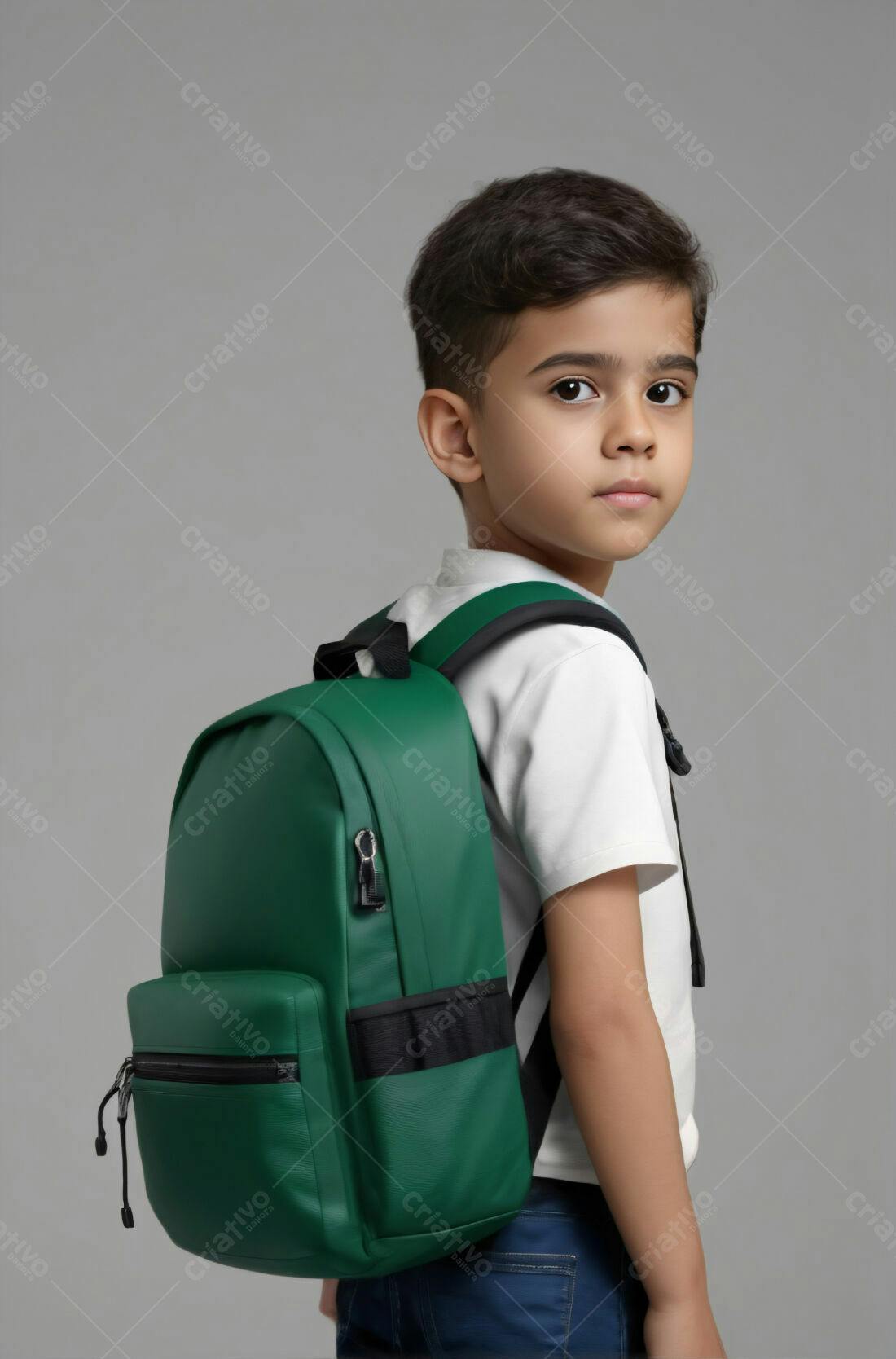 Menino com mochila verde olhando para trás