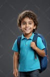 Child with backpack on solid background