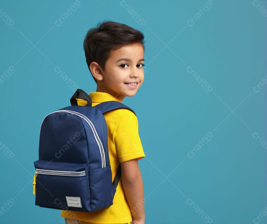 Criança com mochila azul sorrindo fundo azul