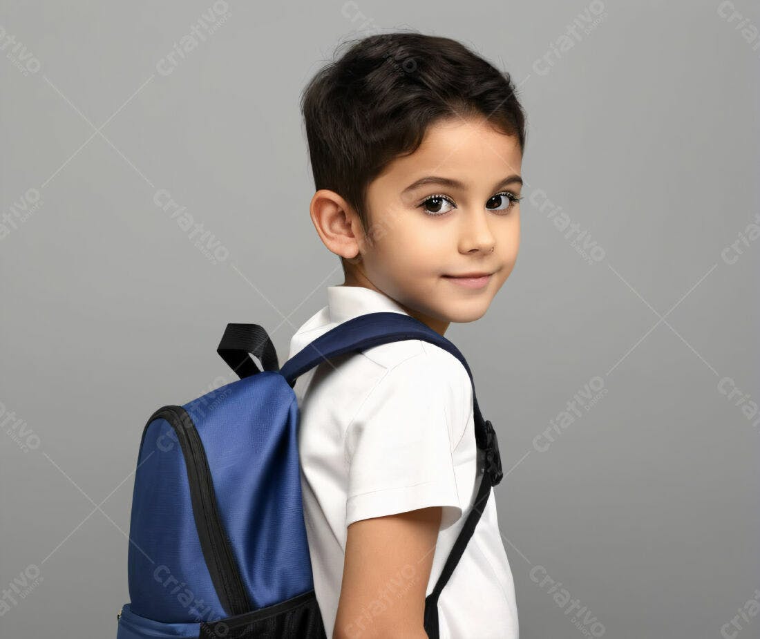 Menino com mochila azul olhando para trás