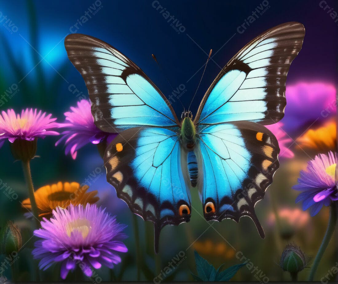 Borboleta azul em jardim florido