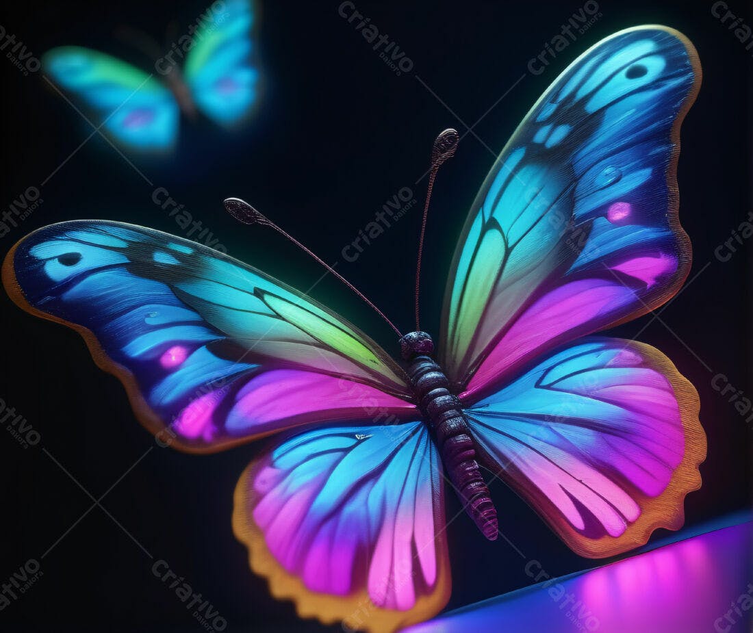 Borboleta Neon Azul e Rosa em Fundo Escuro