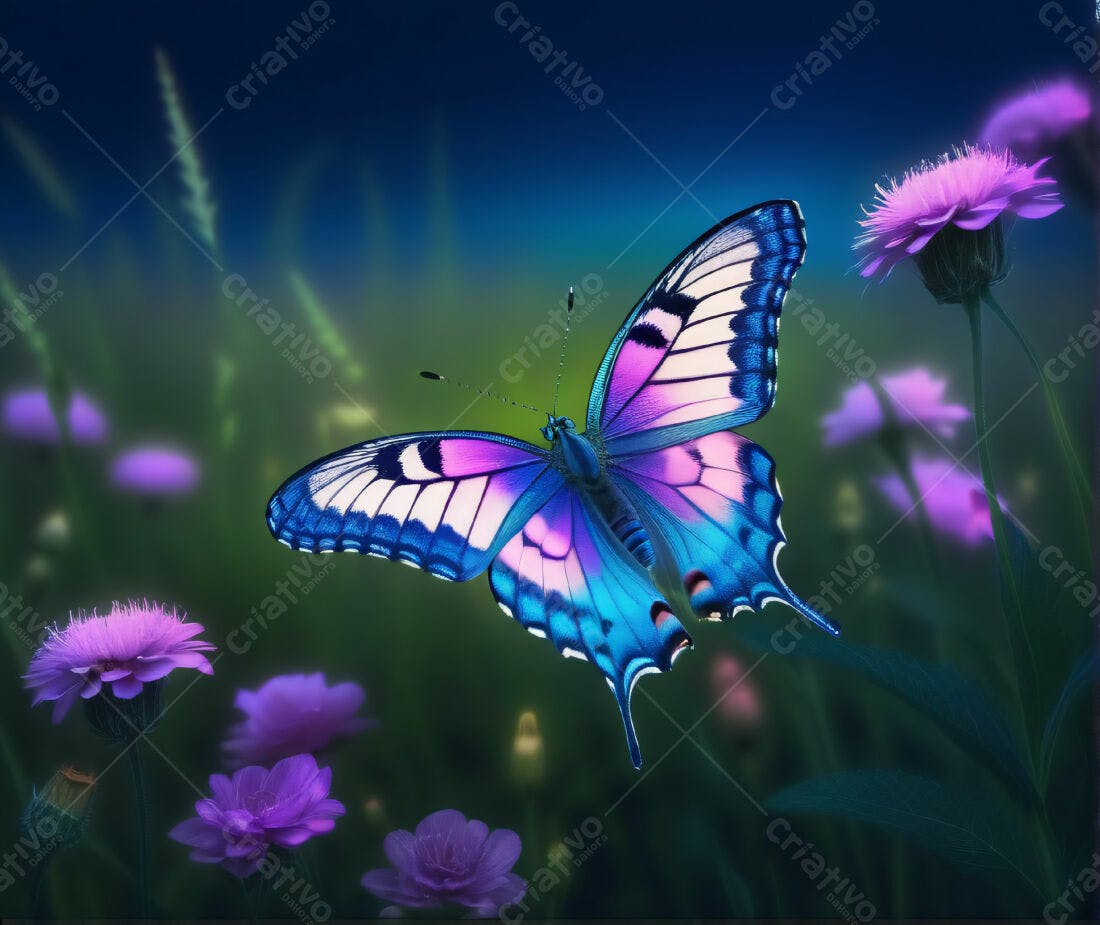Borboleta azul e roxa sobre flores roxas