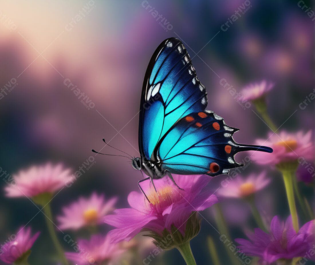 Borboleta azul pousando em flor rosa