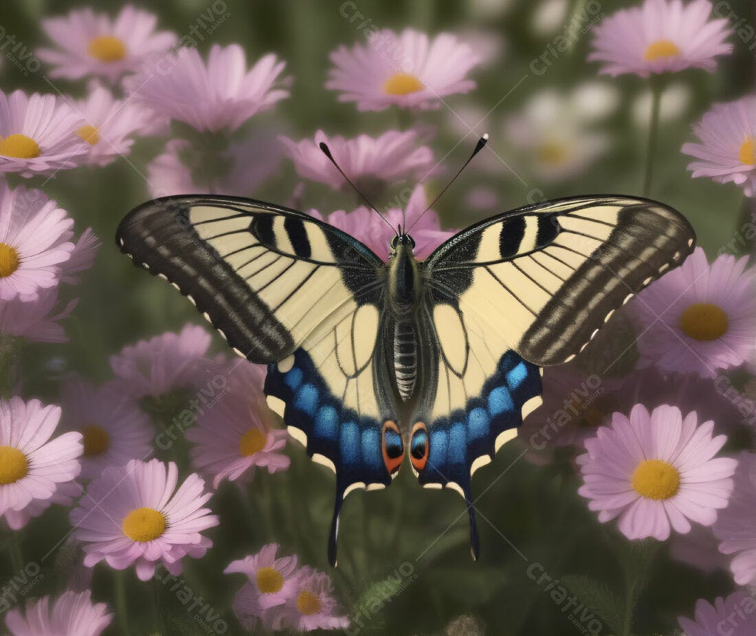 Borboleta amarela e azul em flores rosa