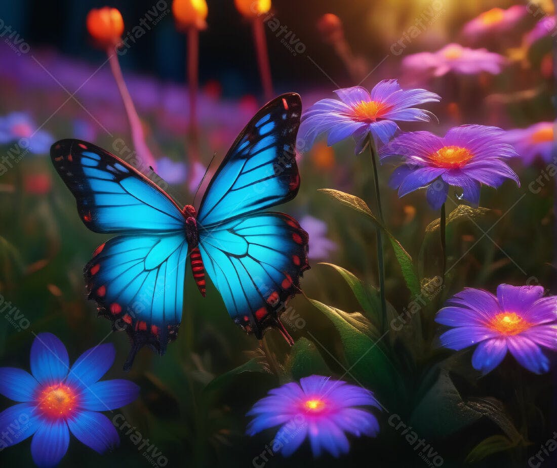 Borboleta azul em jardim noturno