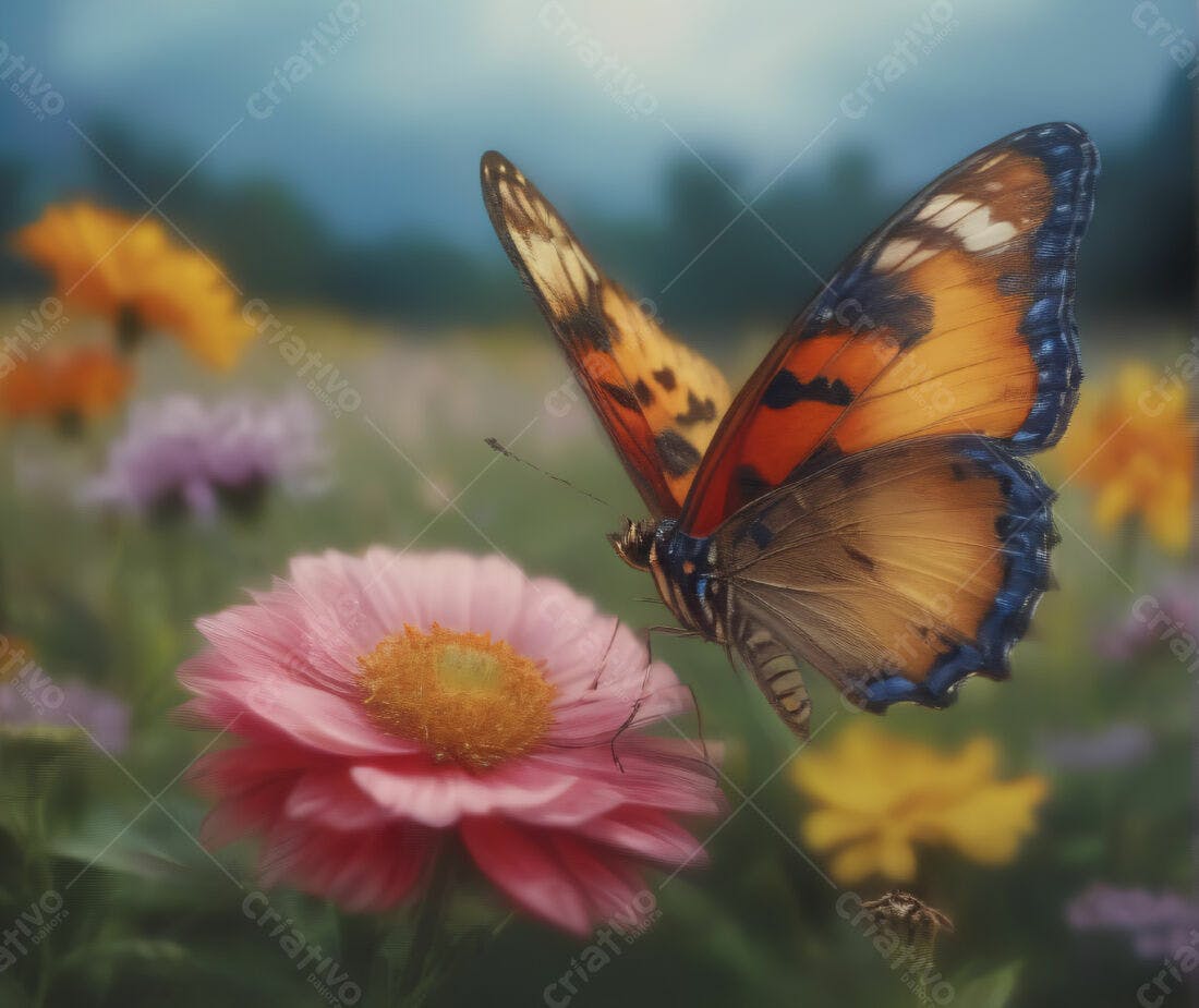 Borboleta laranja pousando em flor rosa