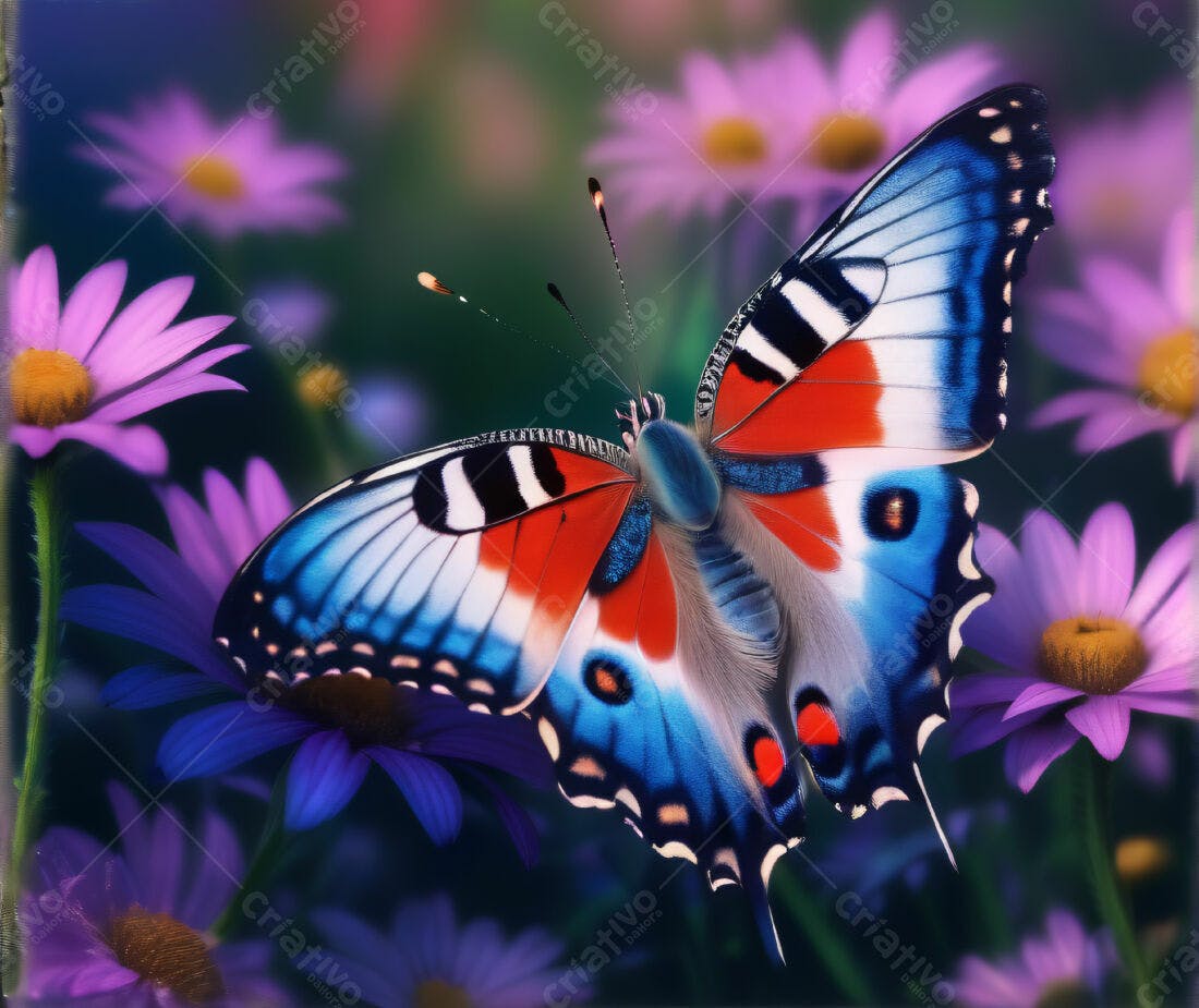 Borboleta azul vermelha e branca em flores roxas