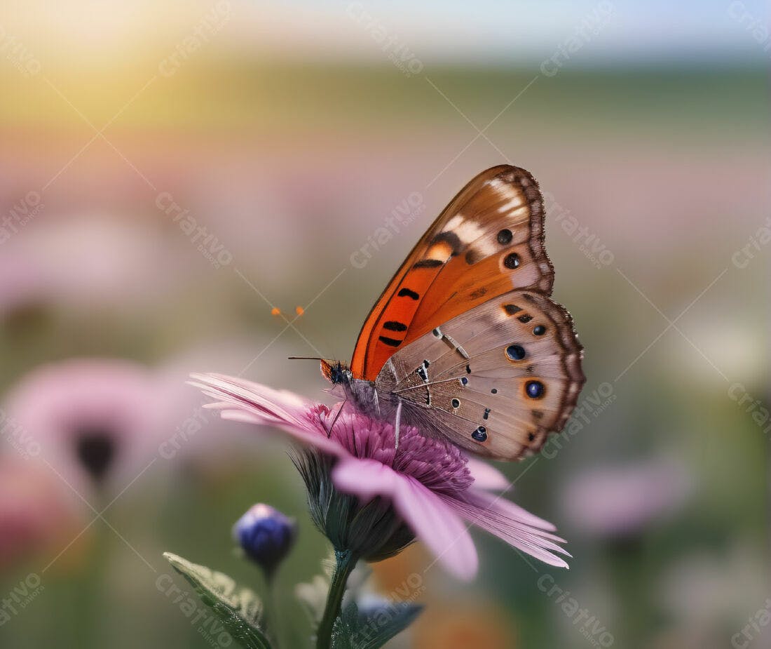 Borboleta laranja em flor rosa ao entardecer