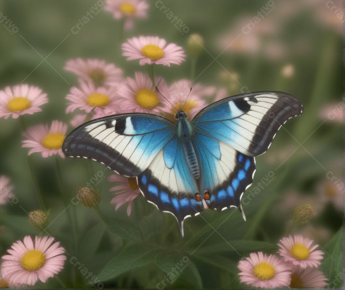 Borboleta Azul em Flores Rosa