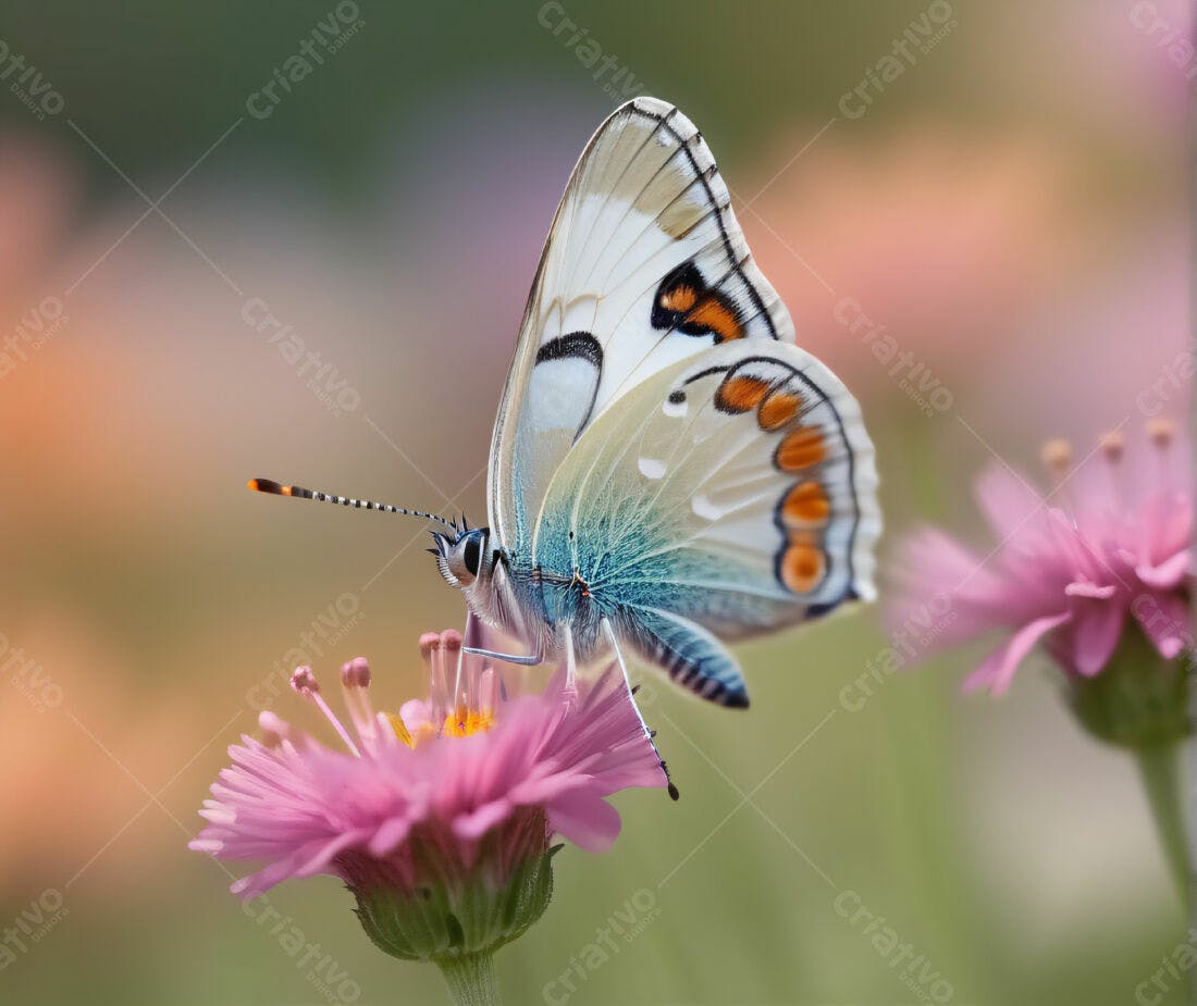 Borboleta azul e branca em flor rosa