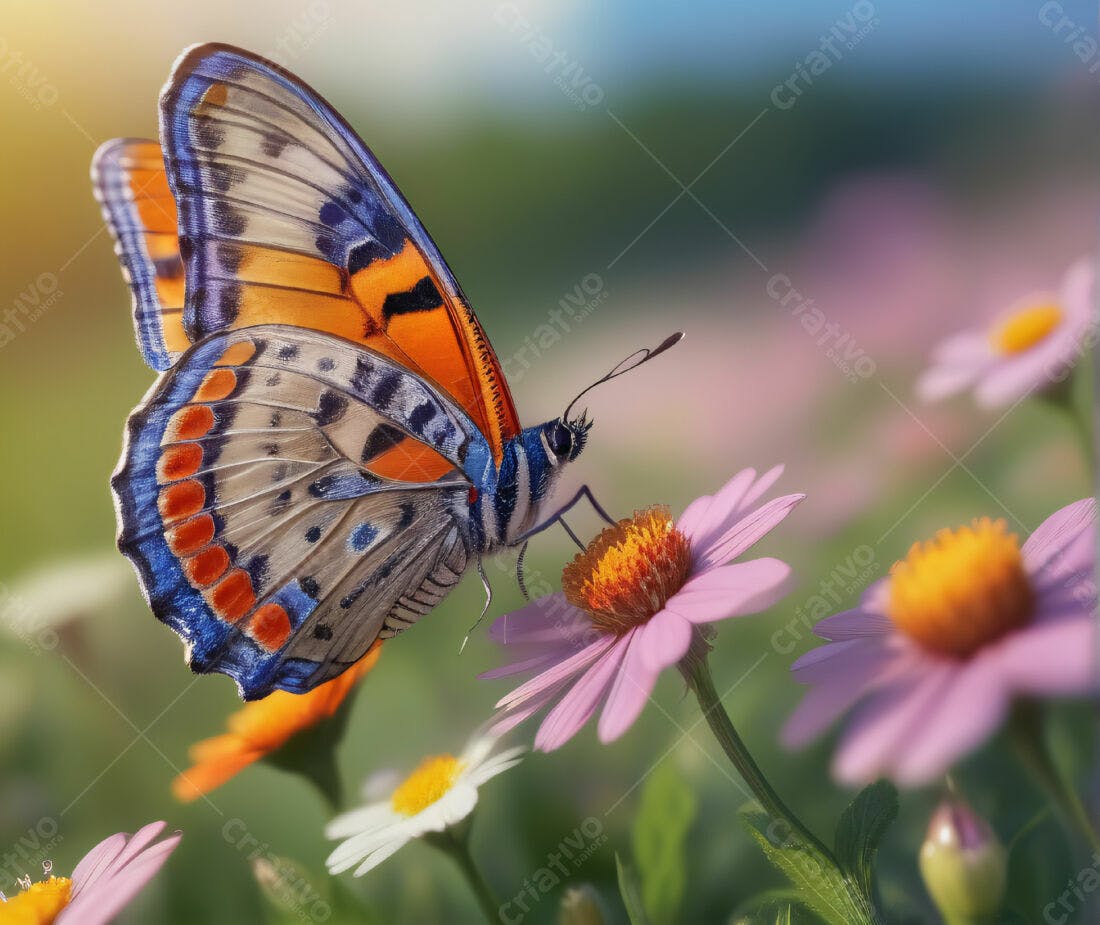 Borboleta colorida em flor rosa e amarela
