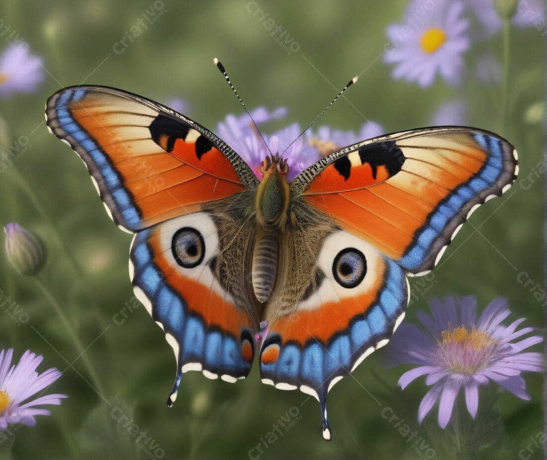 Borboleta com asas laranja e azuis em flores roxas