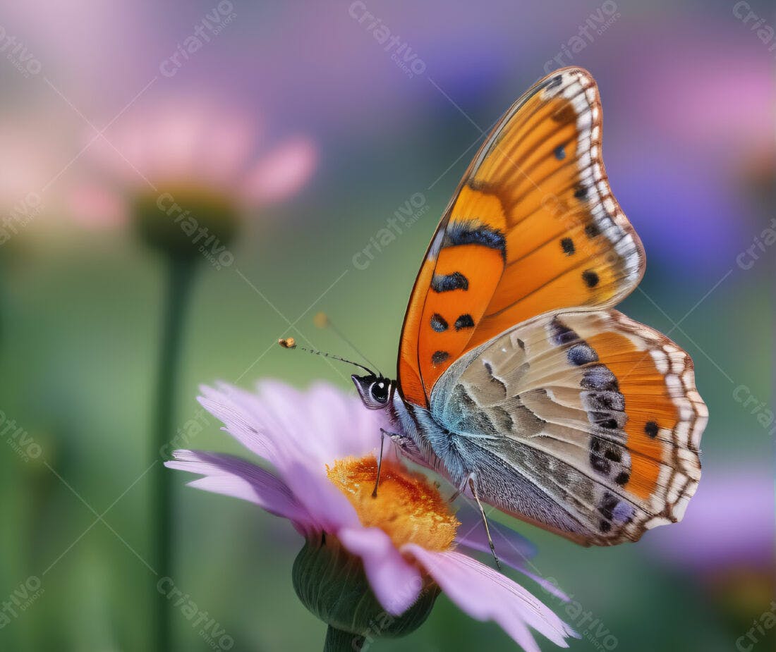 Borboleta laranja em flor lilás