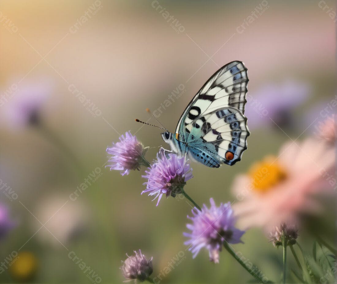 Borboleta azul e branca em flor roxa