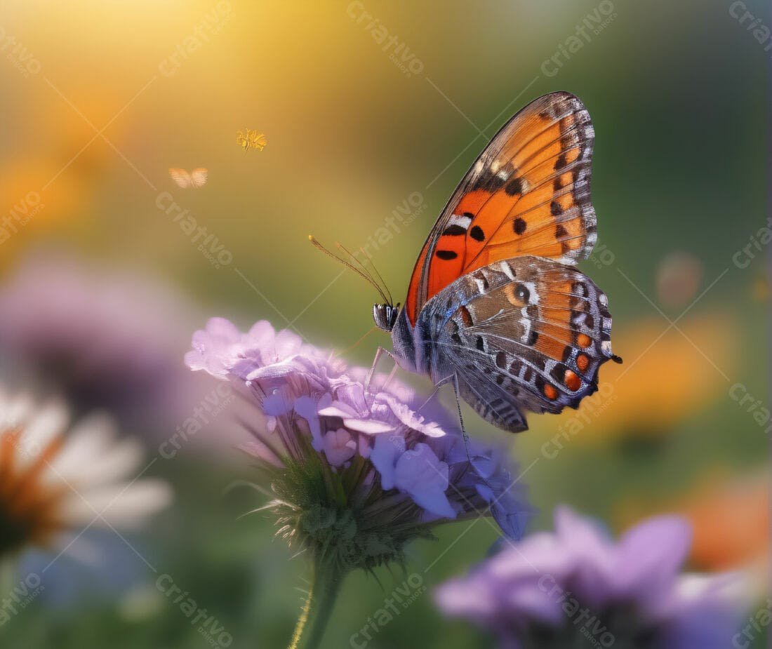 Borboleta laranja em flor roxa ao amanhecer