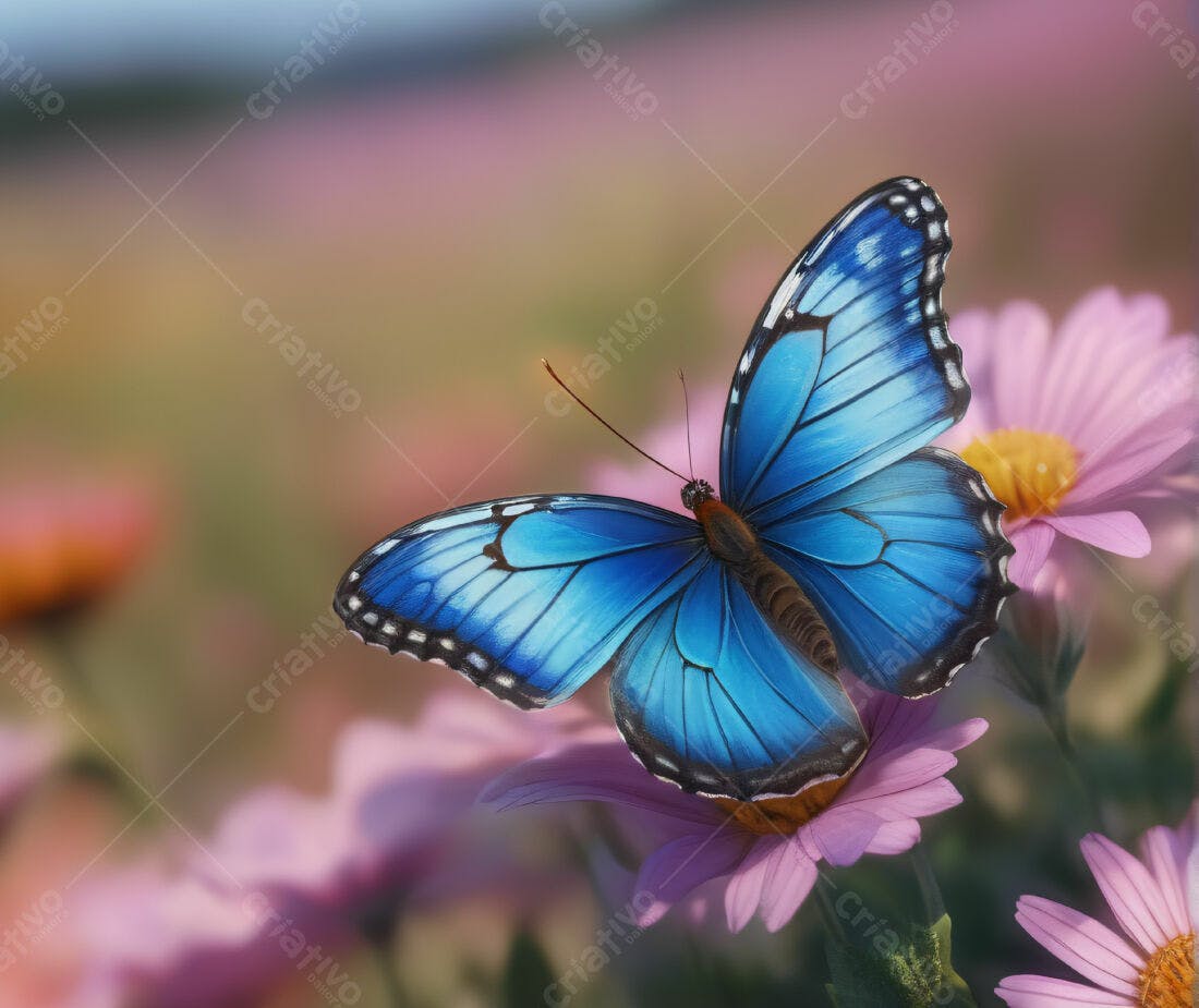 Borboleta azul em flores roxas