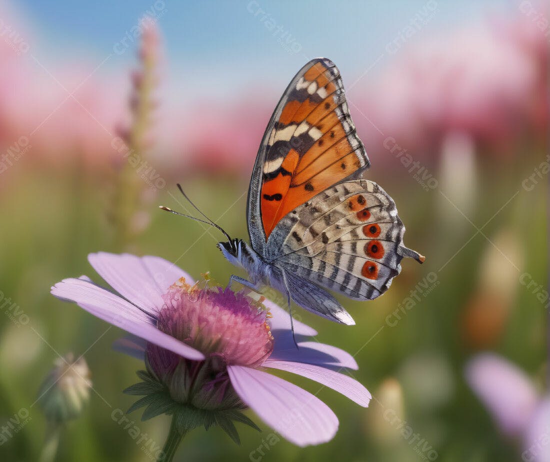 Borboleta colorida em flor lilás
