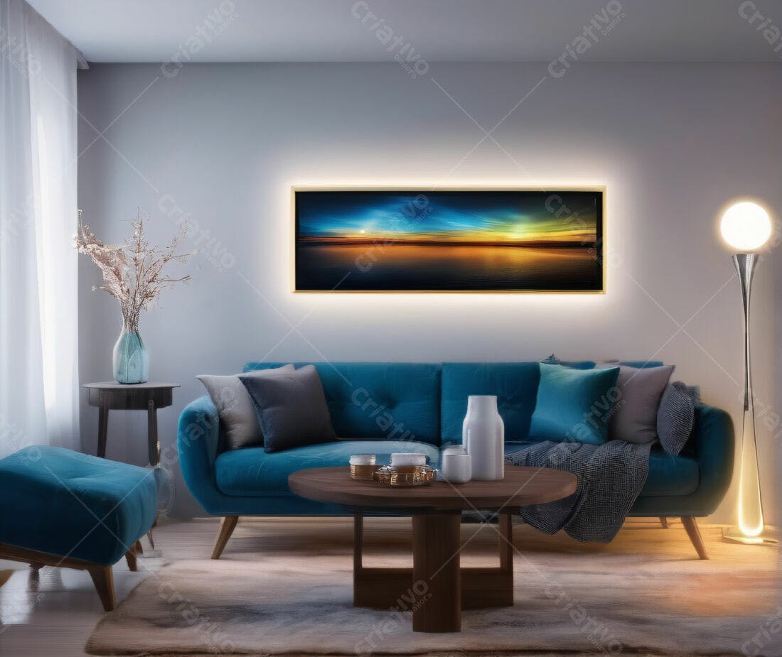 Sala de estar moderna com sofá azul e quadro de pôr do sol