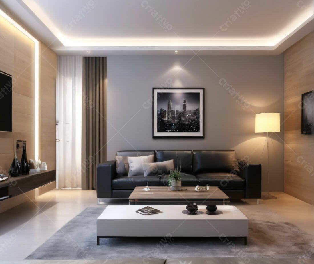 Sala de estar moderna com sofá preto e mesa de centro